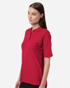 Harriton M105W Women’s Maverick CVC Pique Polo – Red (on model side)