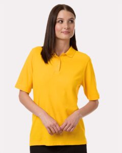 Harriton M105W Women’s Maverick CVC Pique Polo – Sunray Yellow (on model)