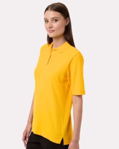 Harriton M105W Women’s Maverick CVC Pique Polo – Sunray Yellow (on model side)