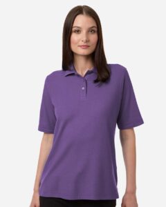 Harriton M105W Women’s Maverick CVC Pique Polo – Team Purple (on model)