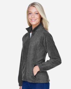 Harriton M990W Women’s Full-Zip Fleece – Charcoal (on model side)