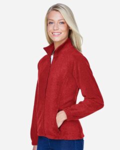 Harriton M990W Women’s Full-Zip Fleece – Red (on model side)