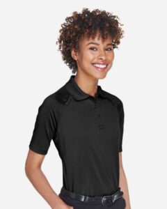 Harriton M211W Women’s Advantage Tactical Polo – Black (on model side)