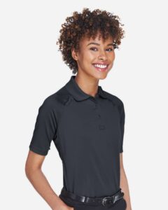 Harriton M211W Women’s Advantage Tactical Polo – Dark Charcoal (on model side)
