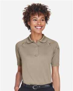 Harriton M211W Women’s Advantage Tactical Polo – Desert Khaki (on model)