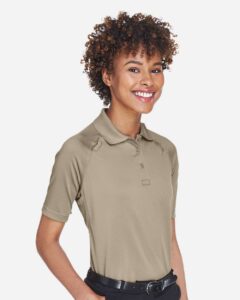 Harriton M211W Women’s Advantage Tactical Polo – Desert Khaki (on model side)
