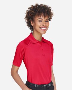 Harriton M211W Women’s Advantage Tactical Polo – Red (on model side)