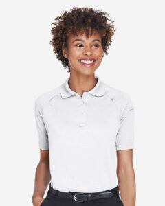 Harriton M211W Women’s Advantage Tactical Polo – White (on model)