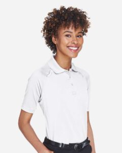 Harriton M211W Women’s Advantage Tactical Polo – White (on model side)