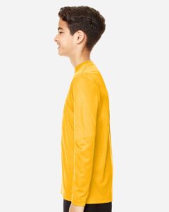 Team 365 TT11YL Youth Zone Performance Long Sleeve T-Shirt – Sport Athletic Gold (on model side)