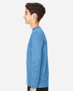 Team 365 TT11YL Youth Zone Performance Long Sleeve T-Shirt – Sport Light Blue (on model side)