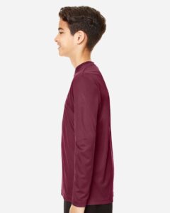 Team 365 TT11YL Youth Zone Performance Long Sleeve T-Shirt – Sport Maroon (on model side)