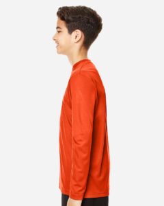 Team 365 TT11YL Youth Zone Performance Long Sleeve T-Shirt – Sport Orange (on model side)