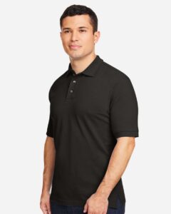 Harriton M200 Men’s Pique Polo – Black (on model side)
