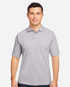 Harriton M200 Men’s Pique Polo – Grey Heather (on model)