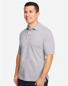 Harriton M200 Men’s Pique Polo – Grey Heather (on model side)