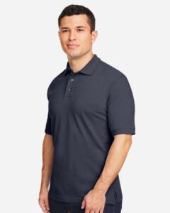 Harriton M200 Men’s Pique Polo – Navy (on model side)