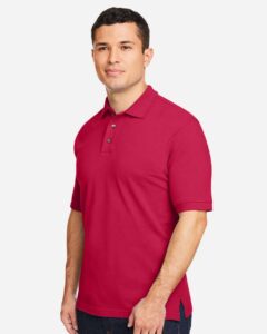 Harriton M200 Men’s Pique Polo – Red (on model side)