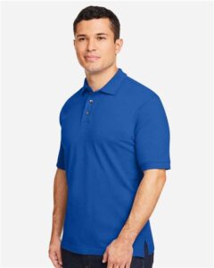 Harriton M200 Men’s Pique Polo – True Royal (on model side)
