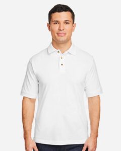Harriton M200 Men’s Pique Polo – White (on model)