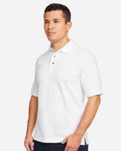 Harriton M200 Men’s Pique Polo – White (on model side)