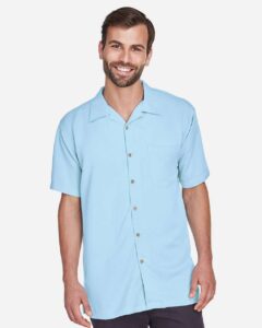 Harriton M570 Men’s Bahama Cord Camp Shirt – Cloud Blue (on model)