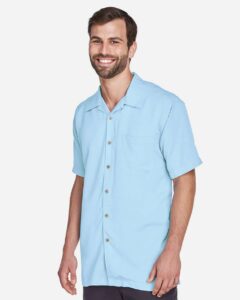 Harriton M570 Men’s Bahama Cord Camp Shirt – Cloud Blue (on model side)