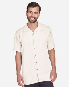 Harriton M570 Men’s Bahama Cord Camp Shirt – Cream (on model)