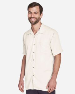 Harriton M570 Men’s Bahama Cord Camp Shirt – Cream (on model side)