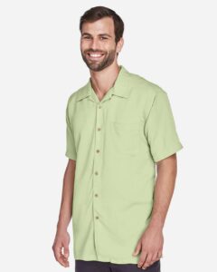 Harriton M570 Men’s Bahama Cord Camp Shirt – Green Mist (on model side)