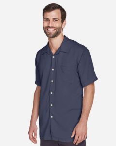Harriton M570 Men’s Bahama Cord Camp Shirt – Navy (on model side)