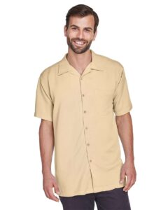 Harriton M570 Men’s Bahama Cord Camp Shirt – Sand (on model)