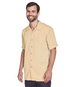 Harriton M570 Men’s Bahama Cord Camp Shirt – Sand (on model side)