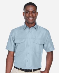 Harriton M580 Men’s Key West Short Sleeve Performance Staff Shirt – Cloud Blue (on model)