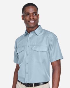 Harriton M580 Men’s Key West Short Sleeve Performance Staff Shirt – Cloud Blue (on model side)