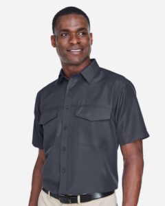 Harriton M580 Men’s Key West Short Sleeve Performance Staff Shirt – Dark Charcoal (on model side)