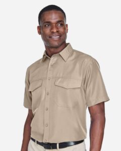 Harriton M580 Men’s Key West Short Sleeve Performance Staff Shirt – Khaki (on model side)