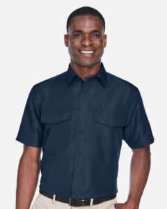 Harriton M580 Men’s Key West Short Sleeve Performance Staff Shirt – Navy (on model)