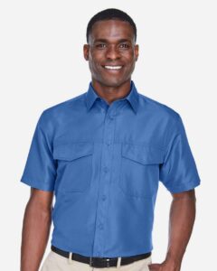 Harriton M580 Men’s Key West Short Sleeve Performance Staff Shirt – Pool Blue (on model)