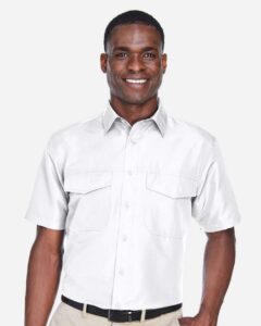 Harriton M580 Men’s Key West Short Sleeve Performance Staff Shirt – White (on model)