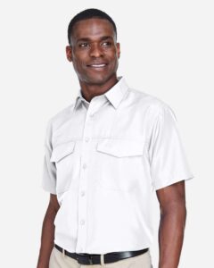 Harriton M580 Men’s Key West Short Sleeve Performance Staff Shirt – White (on model side)