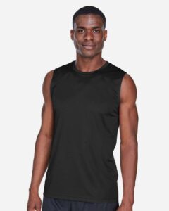 Team 365 TT11M Men’s Zone Performance Muscle T-Shirt – Black (on model)