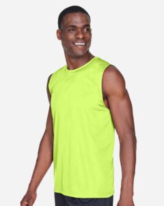 Team 365 TT11M Men’s Zone Performance Muscle T-Shirt – Safety Yellow (on model side)