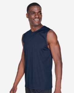 Team 365 TT11M Men’s Zone Performance Muscle T-Shirt – Sport Dark Navy (on model side)