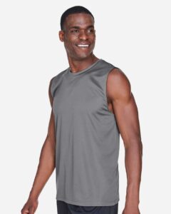 Team 365 TT11M Men’s Zone Performance Muscle T-Shirt – Sport Graphite (on model side)