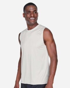 Team 365 TT11M Men’s Zone Performance Muscle T-Shirt – Sport Silver (on model side)