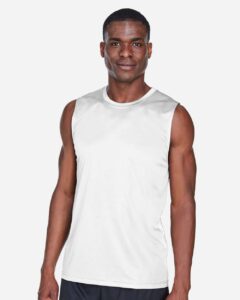 Team 365 TT11M Men’s Zone Performance Muscle T-Shirt – White (on model)