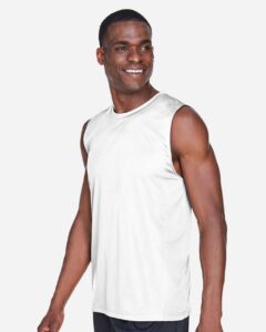 Team 365 TT11M Men’s Zone Performance Muscle T-Shirt – White (on model side)