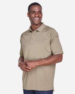Harriton M211 Men’s Advantage Tactical Performance Polo – Desert Khaki (on model side)