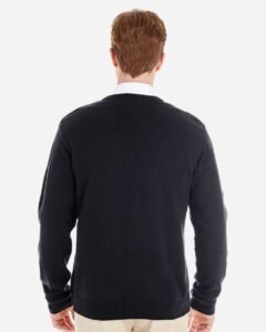 Harriton M425 Men’s Pilbloc™ V-Neck Button Cardigan Sweater – Black (on model back)